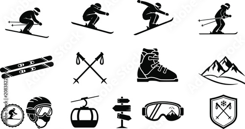 Cuadro en lienzo Skiing sport vector icon set with black silhouette skier snowboarder mountain an