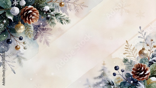 Beautiful watercolor Christmas background with pine cones and golden ornaments ideal for artistic winter holiday greeting cards and luxury branding
