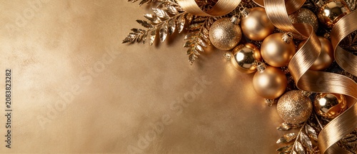 Premium golden Christmas border with shiny baubles and elegant ribbons on gold background ideal for luxury holiday branding and marketing design