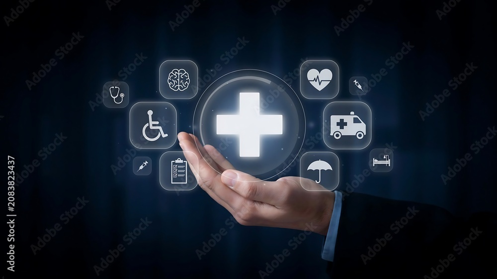 Fototapeta premium A person presents medical icons from their hand in a dark room with technology