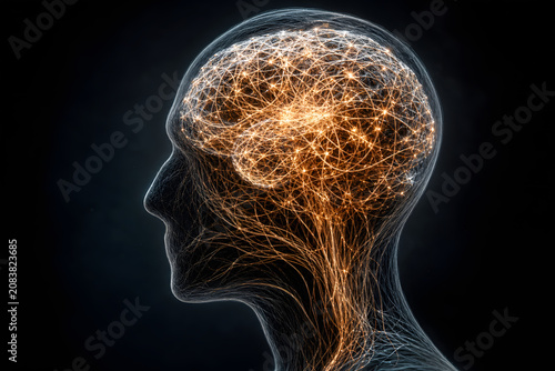 Faceless head with tangled glowing overactive brain