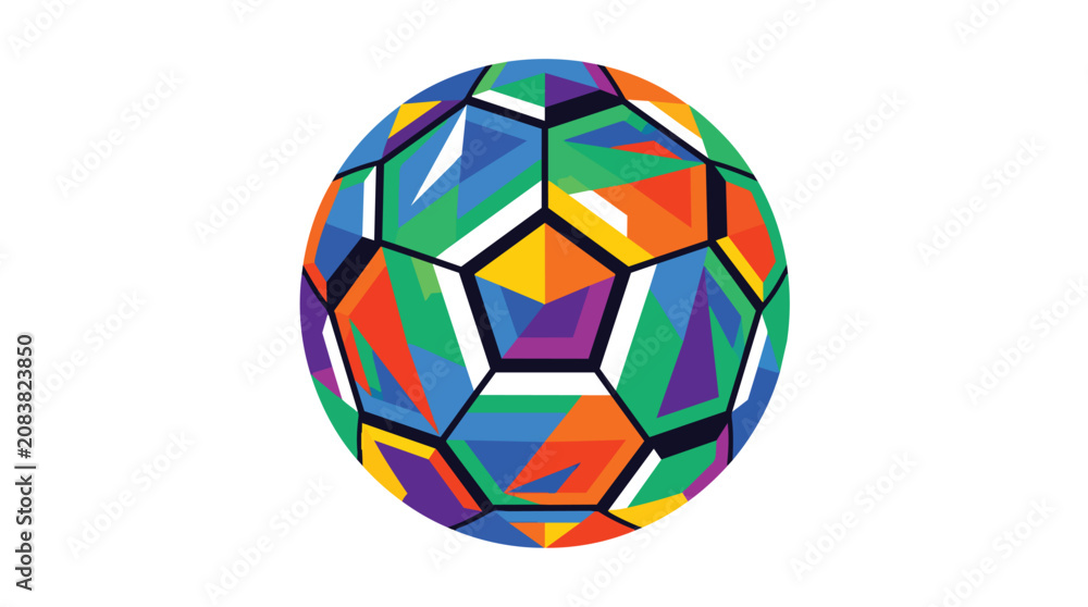 Fototapeta premium Soccer football equipment featuring prismatic geometric panels in sharp flat vector design for athletic merchandise branding