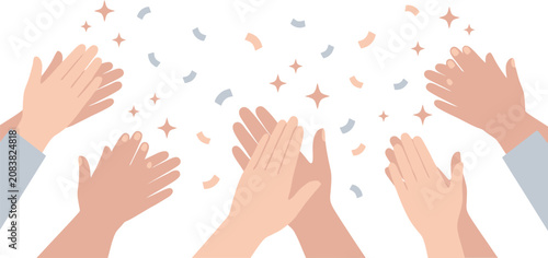 Clapping hands with confetti and sparkles, crowd applause vector illustration, diverse human hands cheering and celebrating success