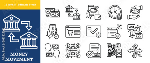 Foto Money movement banking and finance icon set with various financial transaction symbols