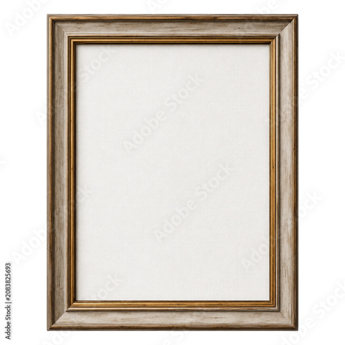 An empty picture frame with a gold border sits on a plain surface.