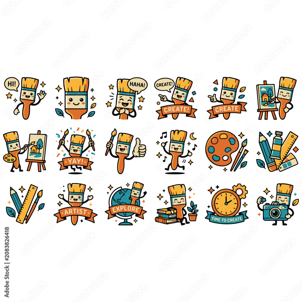 Fototapeta premium Cute Paintbrush Cartoon Character and Art Creative Studio Icons 