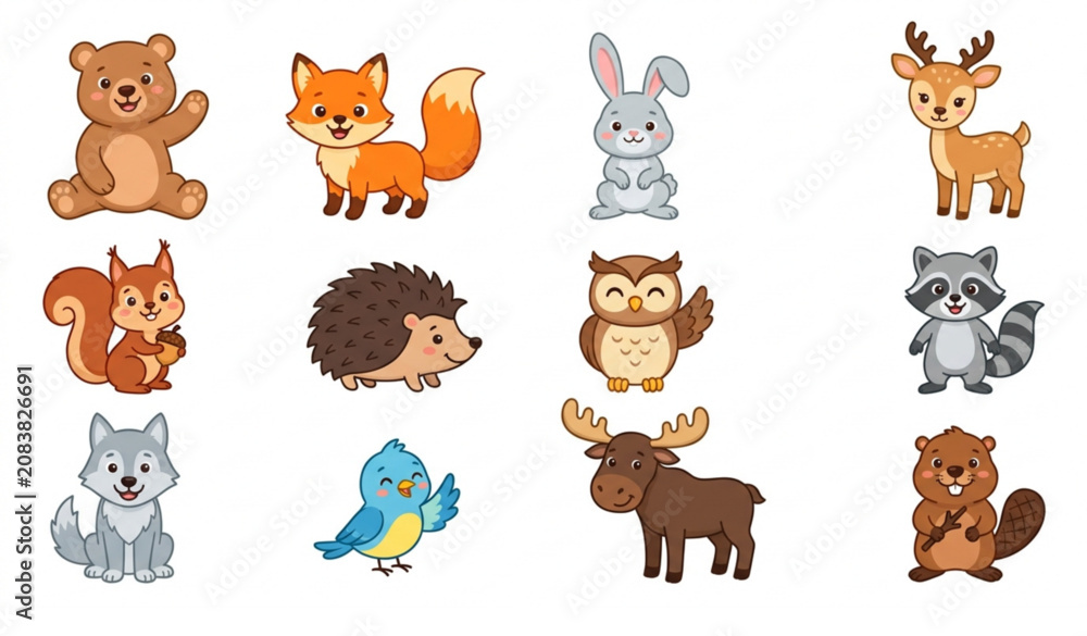 Obraz premium Cute Woodland Animals Vector EPS 10 Cartoon Forest Animal Set Isolated on White