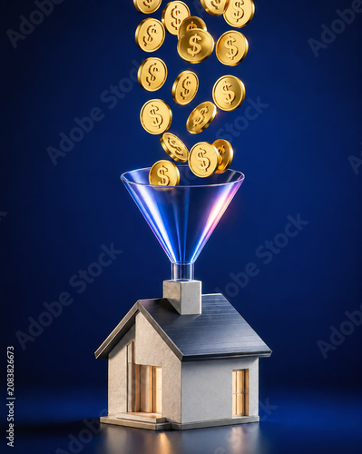 Money Flowing Into House as Home Loan and Property Finance Concept