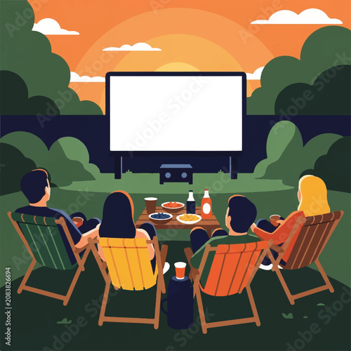 Group of friends sitting on lawn chairs in a backyard watching a large screen, snacks on a table, joyful and cozy atmosphere, sunset lighting, 6-color palette: dark green, orange, yellow, brown,