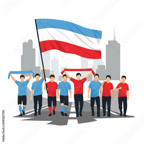 A row of soccer fans walking down a city street carrying a large horizontal flag, urban background silhouettes, triumphant and communal mood, 5-color palette: light blue, grey, white, red,