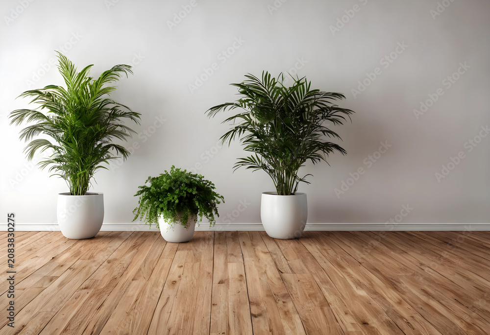Fototapeta premium Indoor living room with three potted green plants on wooden floor