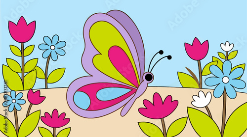 Flat Vector Illustration of a Stylized Butterfly with Large Rounded Wings in a Garden with Pink Tulips and Blue Daisies, Bright Sky Background, Side View