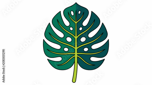 Flat Vector Illustration of a Stylized Monstera Leaf in Emerald Green and Deep Teal, with Yellow Veins and White Holes, Isolated on White Background