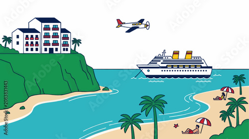 Flat Vector Illustration of a Tropical Vacation Destination with Cruise Ship, Beach, Palm Trees, and Resort Buildings on a Cliff, Airplane Flying Overhead, Two People Relaxing on Sand Under