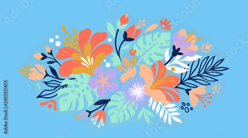 Flat Vector Illustration of Abstract Tropical Flowers and Leaves in Coral, Purple, and Teal on Light Blue Background, Organic Shapes and Botanical Elements, Decorative Floral Design