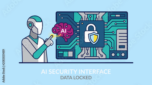 Flat Vector Illustration of AI Robot Interacting with Data Security Interface, Digital Brain with Padlock Icon and Circuit Board Elements, Concept of AI Data Protection and Control