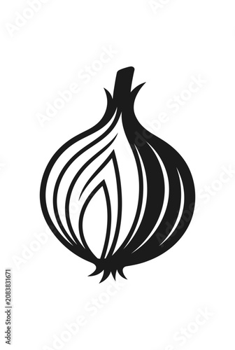 Black and white onion graphic icon, simple vector illustration
