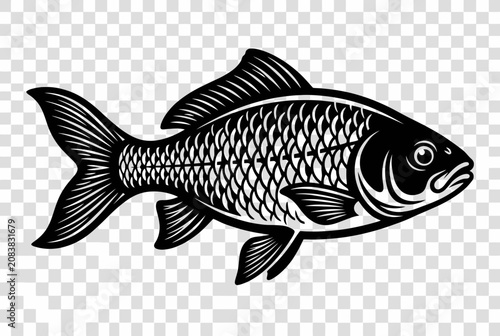 Black and White Koi Fish Silhouette, Isolated on Transparent Background