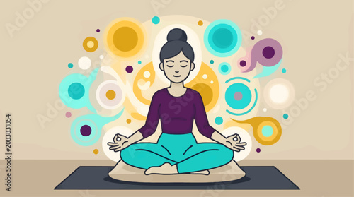 Flat Vector Illustration of Woman Meditating in Lotus Pose with Mudra Hands, Surrounded by Abstract Colorful Circles and Bubbles, Calm Zen Concept with Copy Space