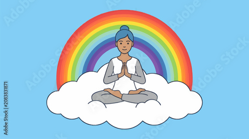 Flat Vector Illustration of Woman Meditating on Cloud with Rainbow Arching Behind, Peaceful Mindful Pose on Blue Sky Background with Copy Space