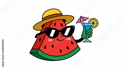 Stylized Flat Vector Illustration of a Cartoon Watermelon Slice Wearing Sunglasses and a Hat, Holding a Cocktail with a Tiny Umbrella and Lemon Slice, Summer Vacation Concept