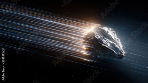 Massive asteroid racing through deep space with blazing cosmic trails against starry universe illustrating celestial motion astronomy science exploration concept