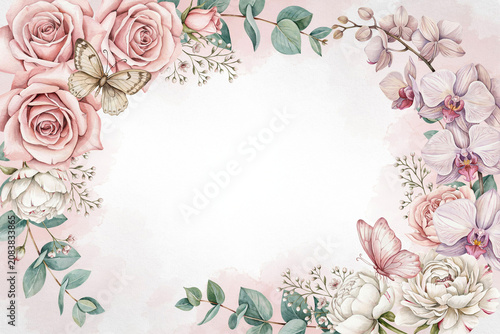 Watercolor Floral Frame with Pink Roses Orchids and Butterflies