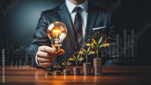 Businessman holding glowing light bulb with growing plants on stacked coins representing investment and sustainable business growth
