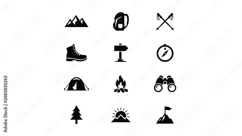Naklejka premium Minimalist outdoor adventure icon set showcasing hiking essentials and nature symbols for travel branding