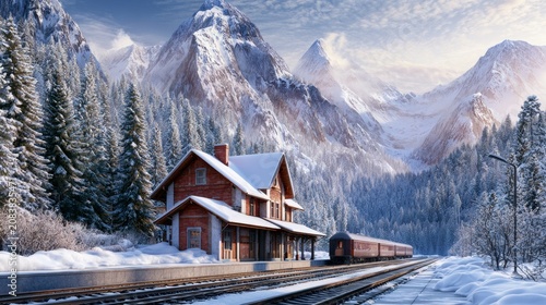Scenic Mountain Railway Station Surrounded by Snowy Peaks and Majestic Forest in Winter Landscape