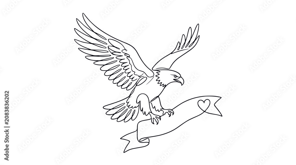 Fototapeta premium Eagle Flying with Ribbon Banner and Heart Outline - Vector Line Art