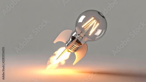 Rocket shaped light bulb launching with speed representing startup success