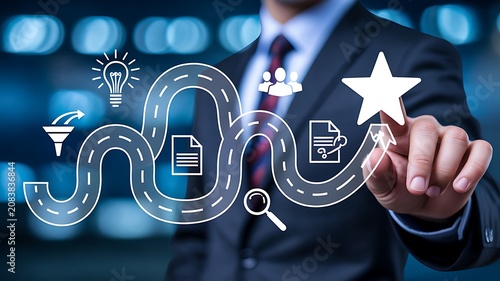 Business success roadmap with digital interface and target achievement concept