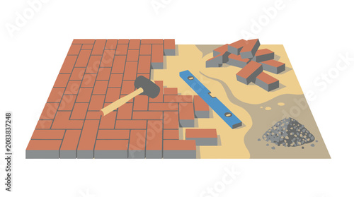 Process of laying red paving bricks on sand with rubber mallet and spirit level for garden path construction