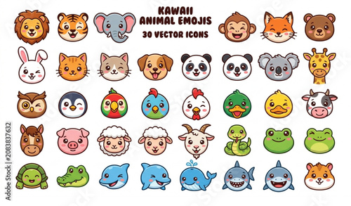 Photography Cute Animal Emoji Collection Vector EPS 10 Wildlife and Farm Animal Icons Isolat