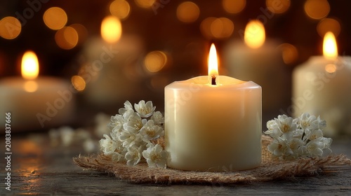 Burning candle surrounded by white baby's breath flowers on rustic wooden surface with soft bokeh background. Cozy ambiance, romantic atmosphere, spiritual meditation and holiday decoration concept.