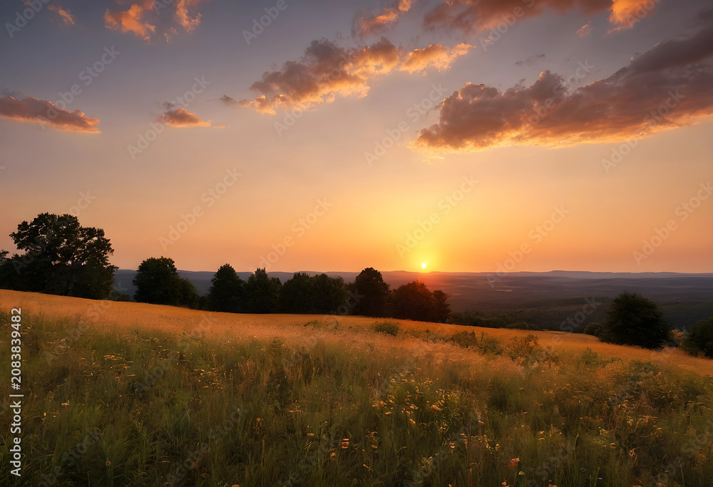 Fototapeta premium Sunset over a grassy field with distant hills