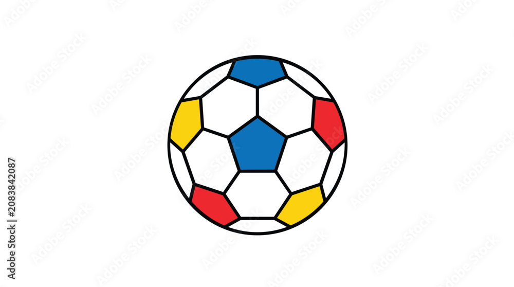 Fototapeta premium Soccer ball featuring primary color panels in clean flat vector style for youth athletic coaching