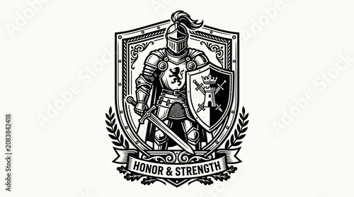 Knight in Armor with Shield and Sword, Emblem of Honor and Strength