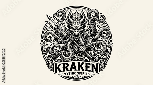 Kraken Mythic Spirits Logo Design - Nautical Monster and Trident