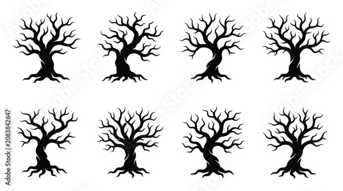 Obraz na plátne Set of silhouettes of bare trees with twisted branches