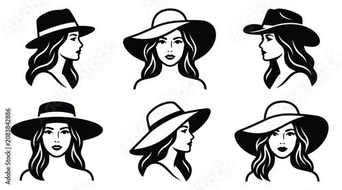 Set of woman portraits with sun hats