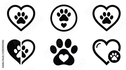 Set of pet paw print and heart icons, animal love concept, veterinary clinic, pet shop