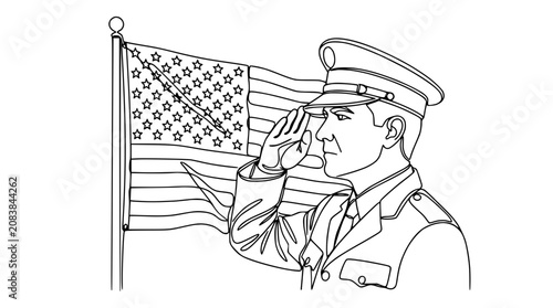 Photos Soldier Saluting US Flag, One Line Art Drawing, Military Service