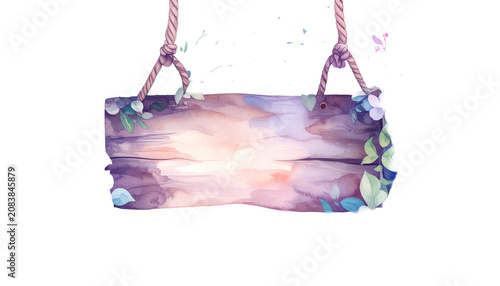 Watercolor Hanging Wooden Swing with Floral Garden Decorative Illustration