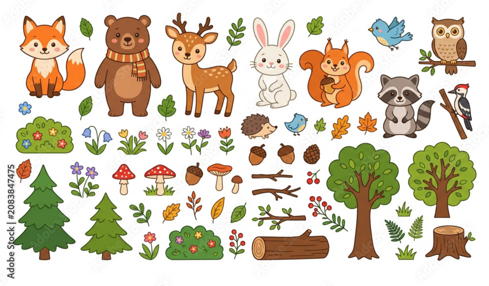 Naklejka premium Forest Woodland Collection Vector EPS 10 Cute Animals Trees and Mushrooms Isolated on White