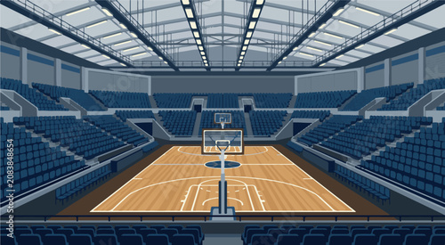 An empty basketball stadium with a hoop and blue seats