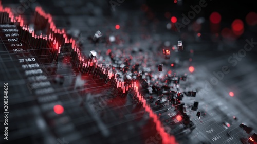 Abstract Digital Visualization of Declining Stock Market Trends with Red Intensity and Fragmented Elements Representing Financial Crises and Market Volatility