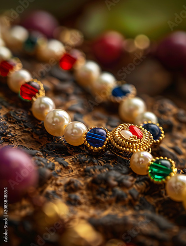 Premium Rakhi traditional gemstone pearl thread close-up, bark texture background macro visual, Indian festival gifting concept, exquisite jewelry accessory display