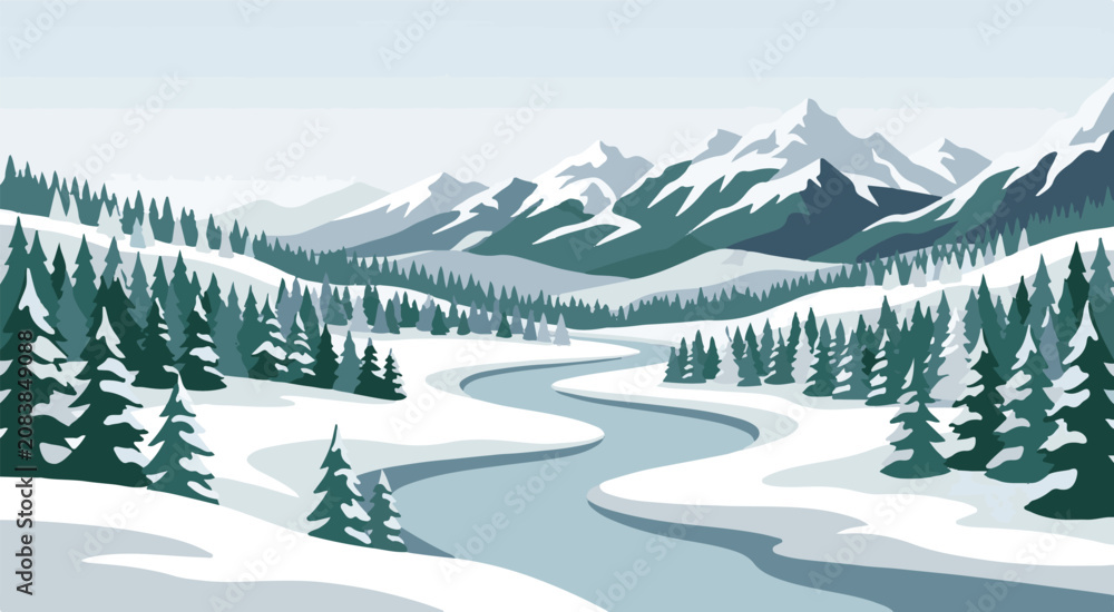 Fototapeta premium Snowy mountain range with a winding river through evergreen trees
